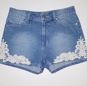 High Rise Denim Shorts with Crocheted Lace Trim